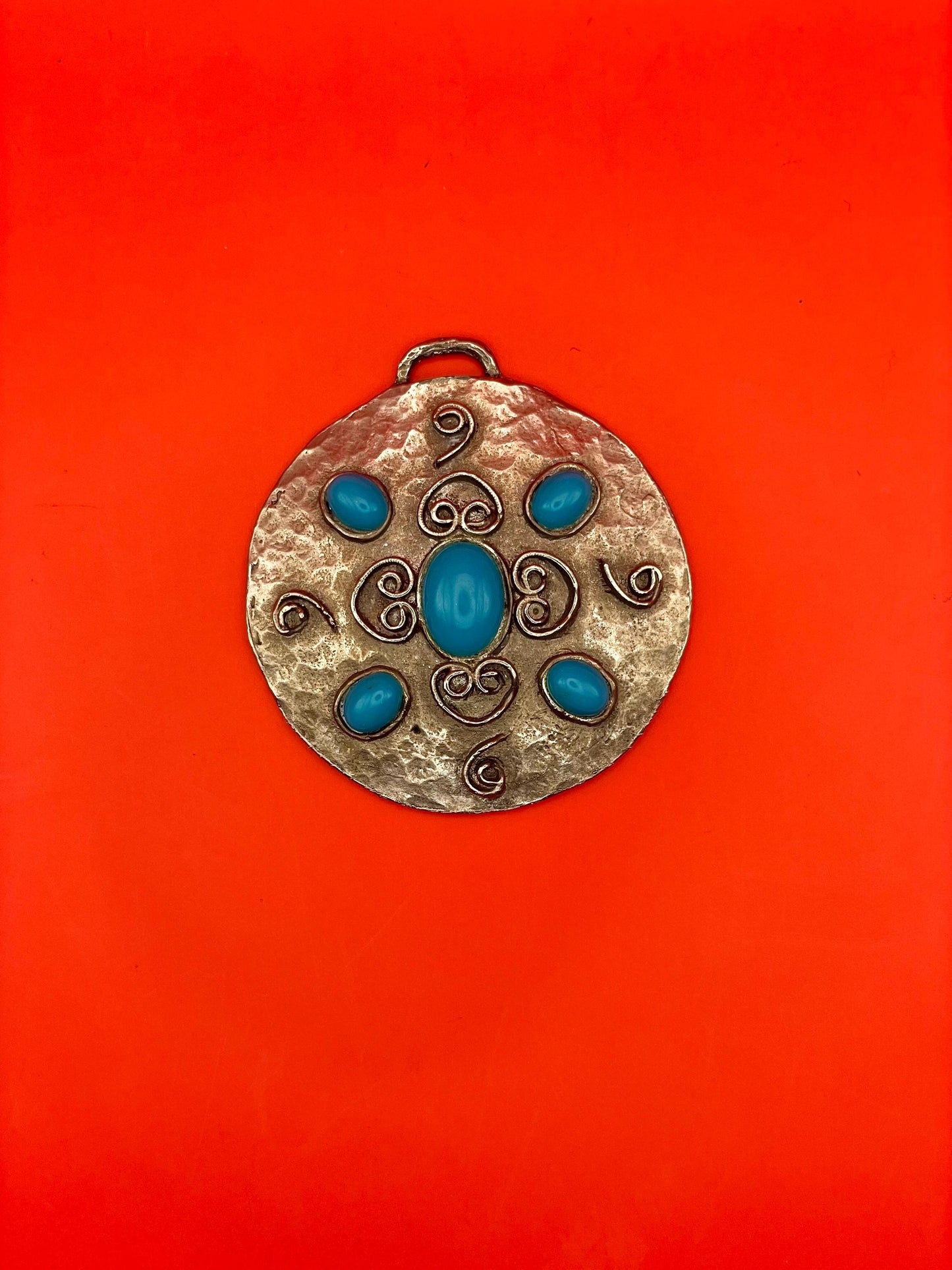 Round Hammered Metal Pendant with blue beads and Scroll Design
