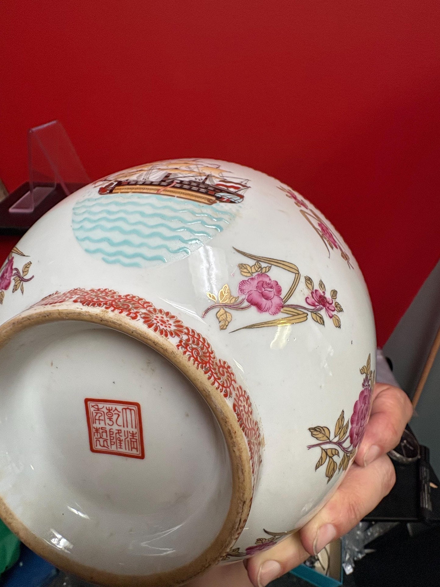 Stunning 19 century signed Chinese export 10 x 5 high porcelain bowl depicting sailboat in wonderful condition - wow