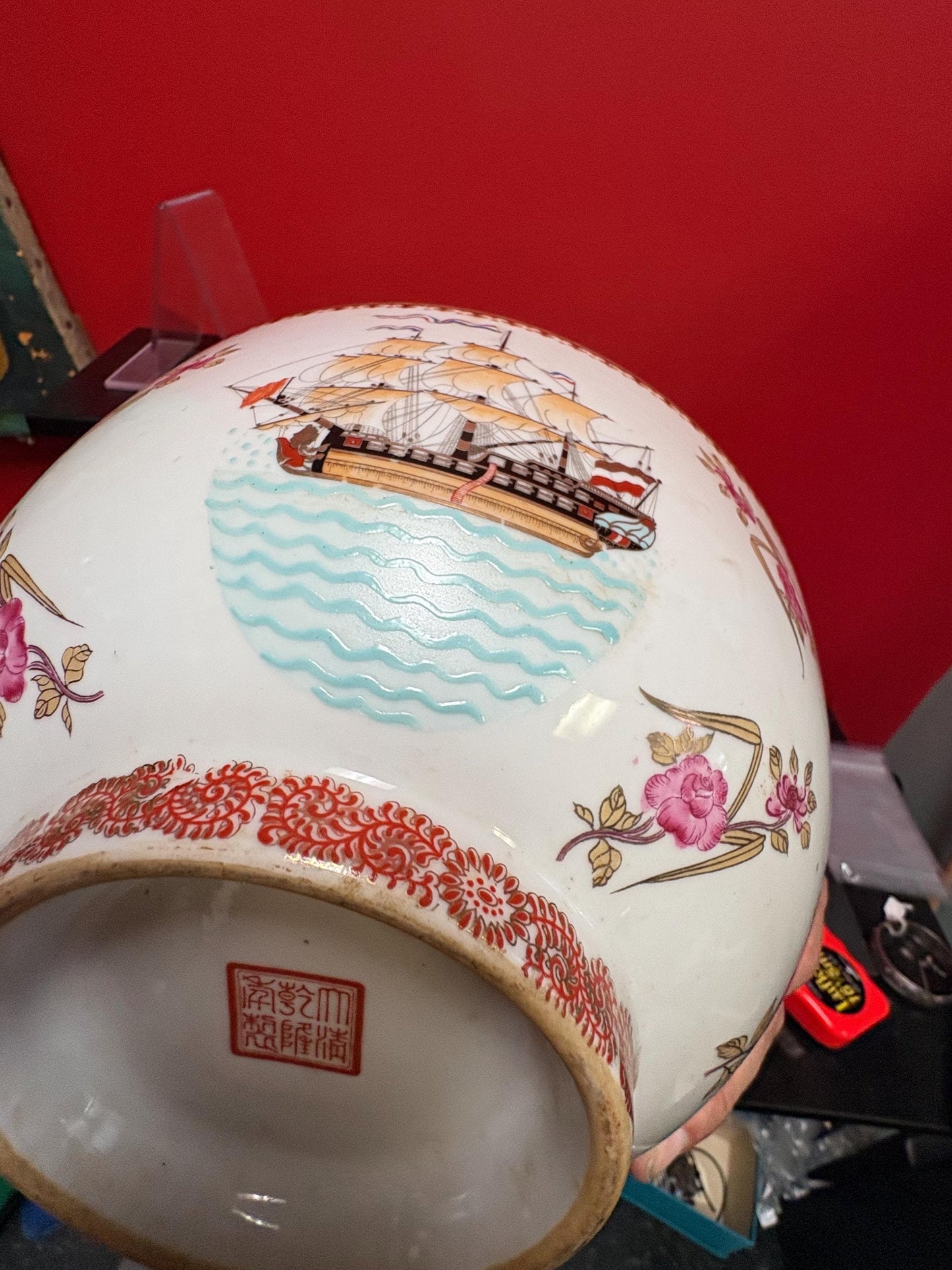 Stunning 19 century signed Chinese export 10 x 5 high porcelain bowl depicting sailboat in wonderful condition - wow
