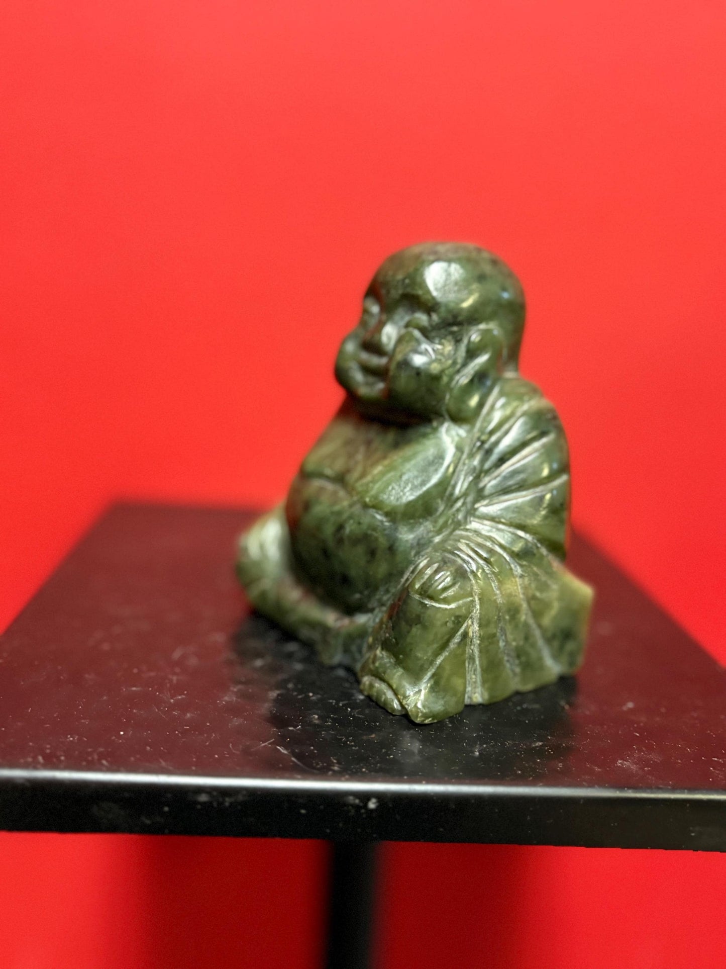 Wonderful Chinese antique dark green jade 4.5 inches high  happy Buddha  amazing detail and good value