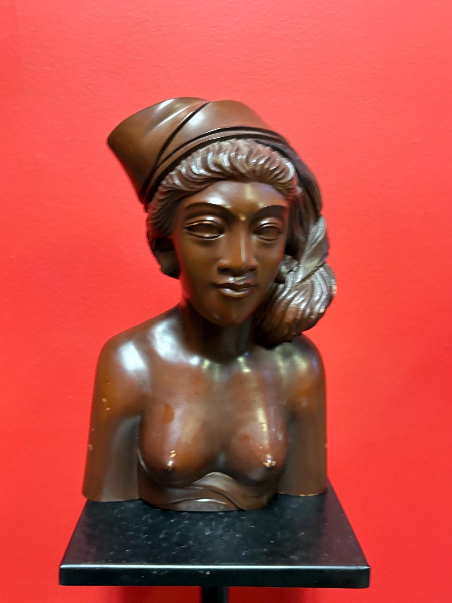 Stunning Indonesian signed  antique heavy wooden statue of a woman  striking imagery  amazing gift and great value- 11.5 inches high
