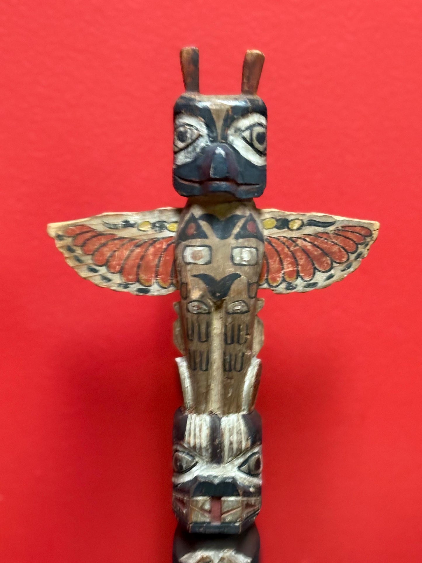 Stunning antique polychrome indigenous first nation pacific north West Coast 12 1/2 x 6 wide totem pole  wonderful condition wow piece -