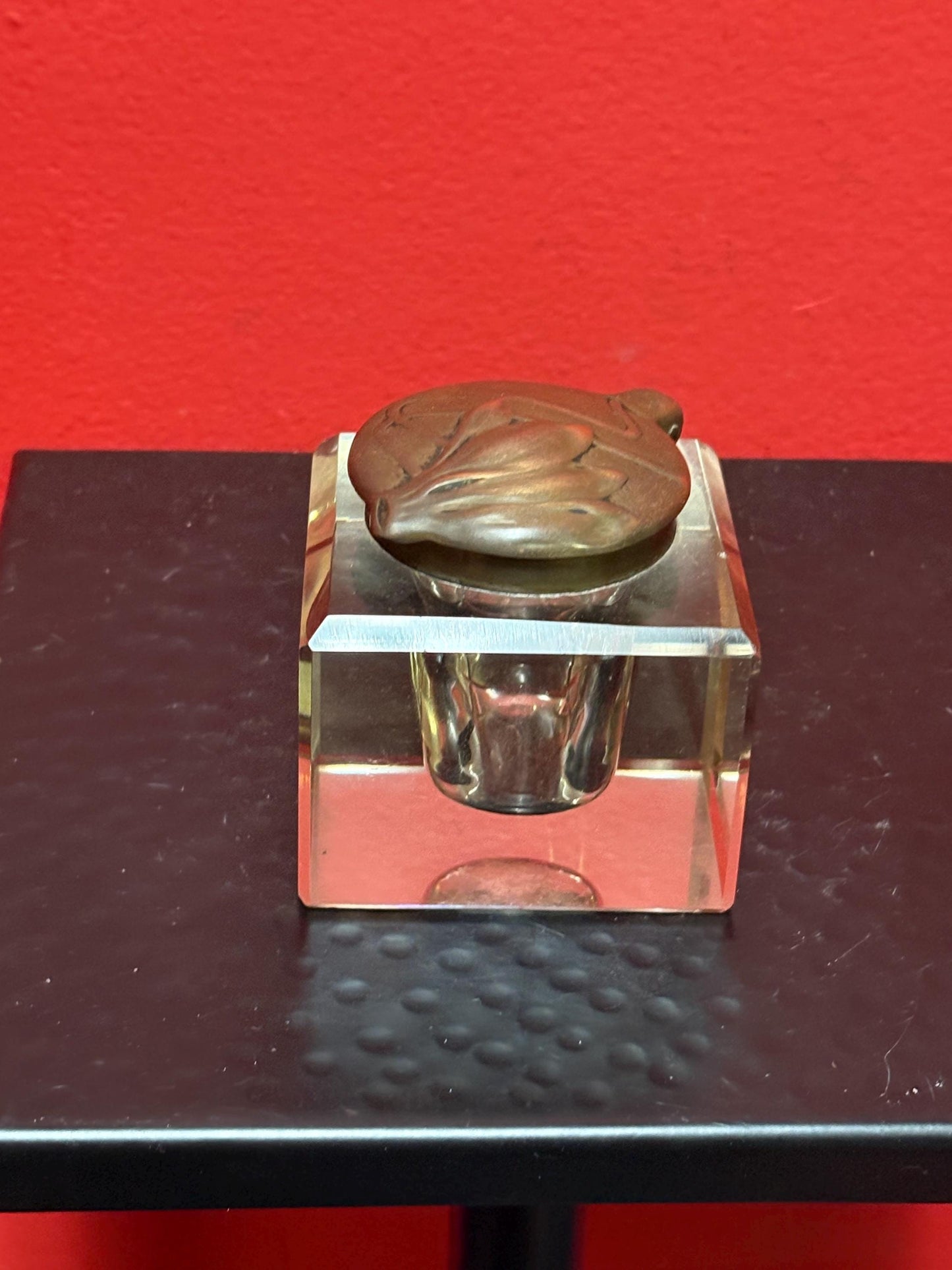 Beautiful 2 1/2 x 2 high bronze and crystal art nouveau inkwell in perfect condition