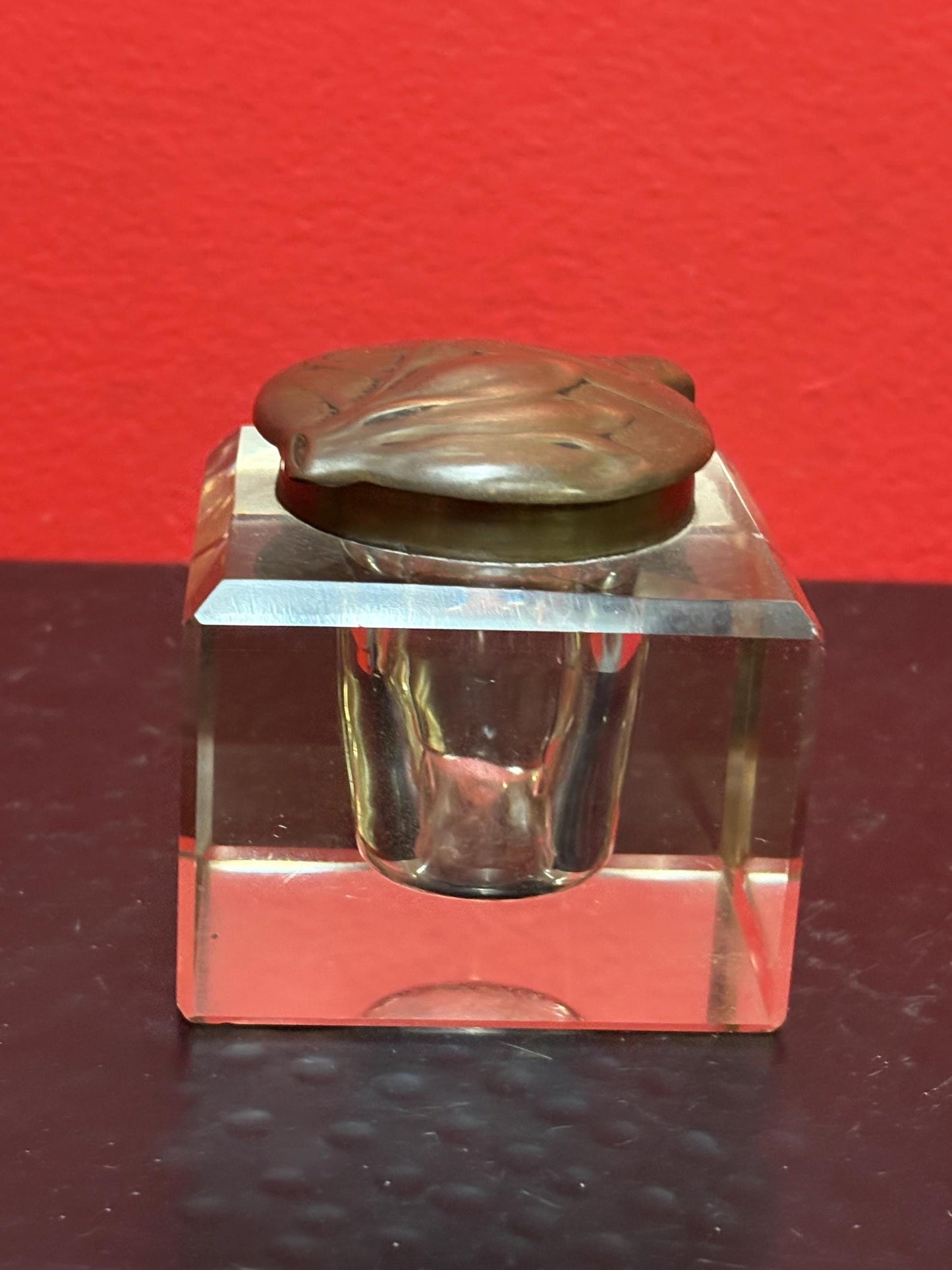 Beautiful 2 1/2 x 2 high bronze and crystal art nouveau inkwell in perfect condition