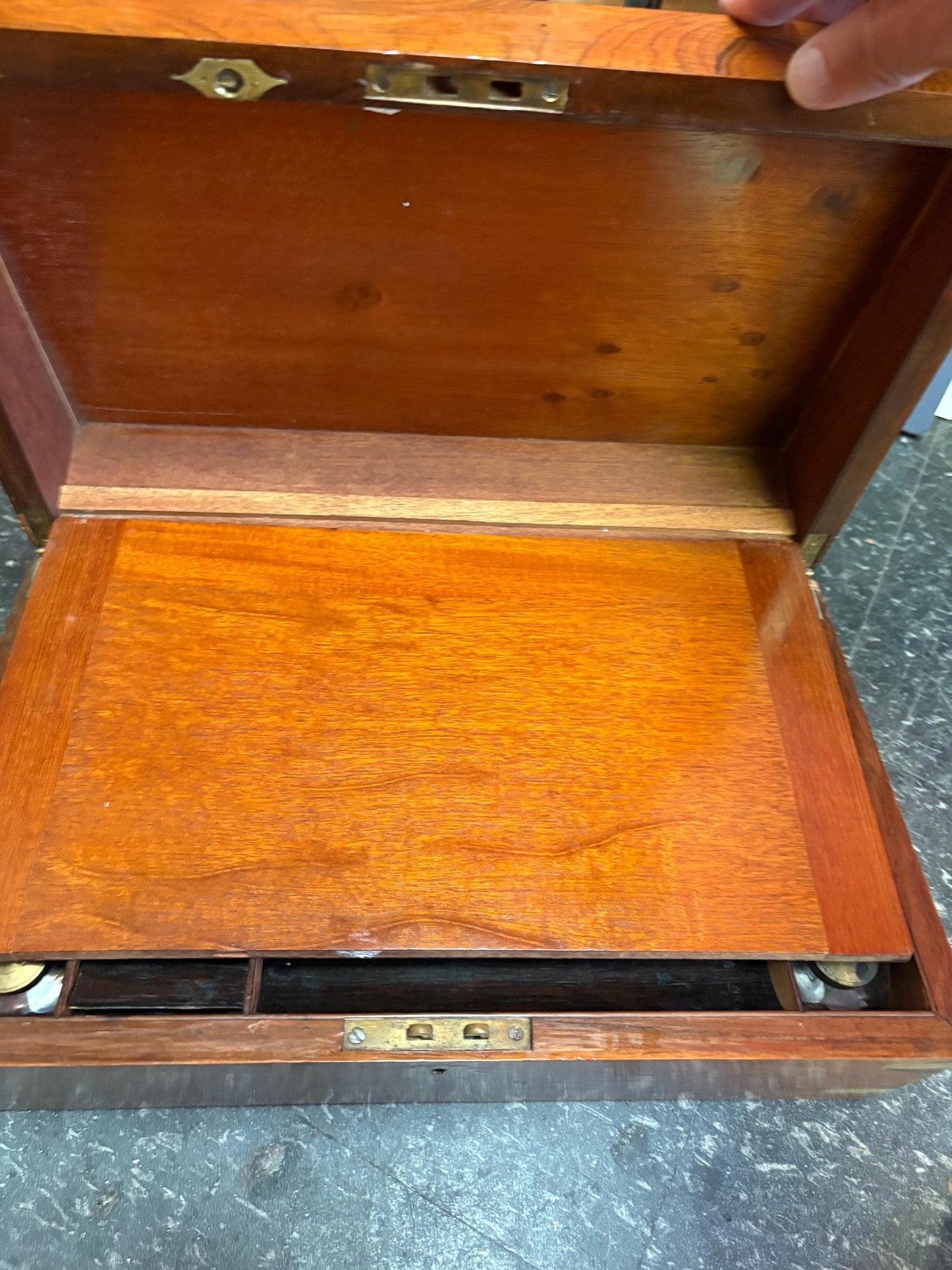 Beautiful 16 x 10 x 6 inch antique walnut and brass lap desk with original inkwells  amazing condition  see photos