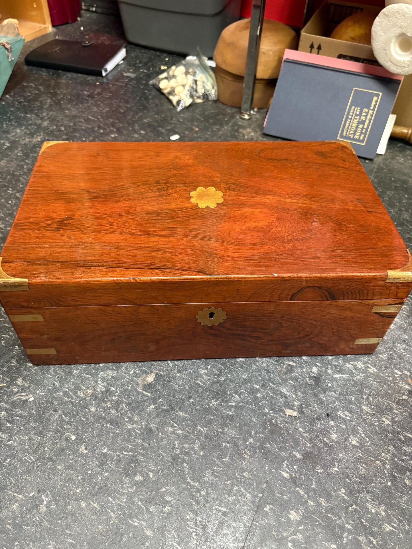 Beautiful 16 x 10 x 6 inch antique walnut and brass lap desk with original inkwells  amazing condition  see photos