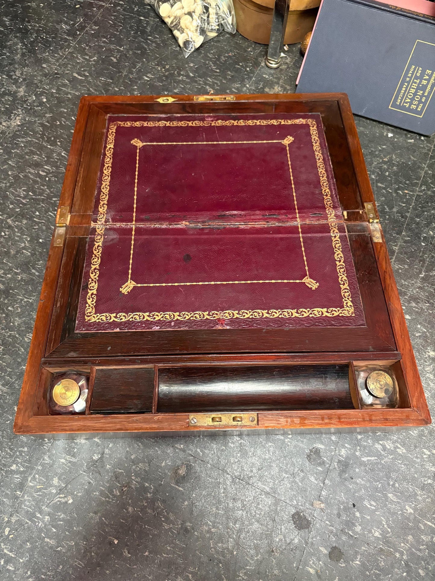Beautiful 16 x 10 x 6 inch antique walnut and brass lap desk with original inkwells  amazing condition  see photos