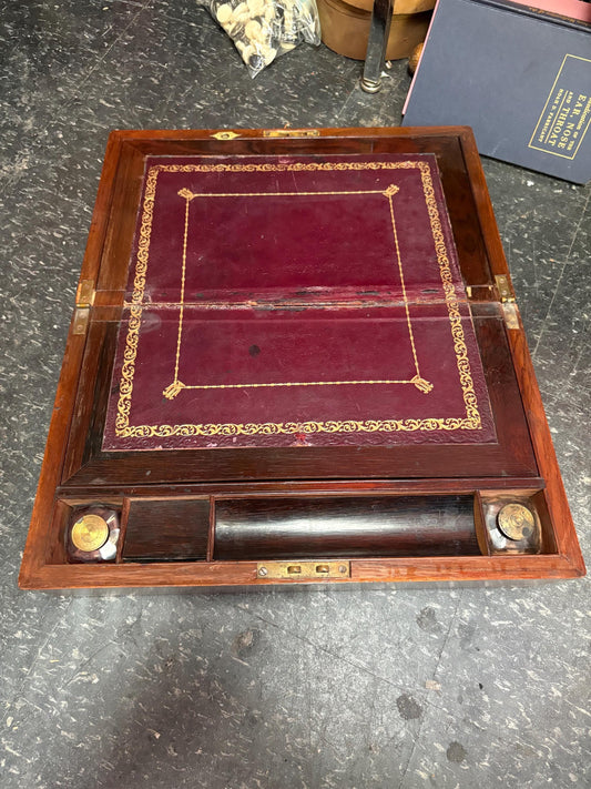 Beautiful 16 x 10 x 6 inch antique walnut and brass lap desk with original inkwells  amazing condition  see photos