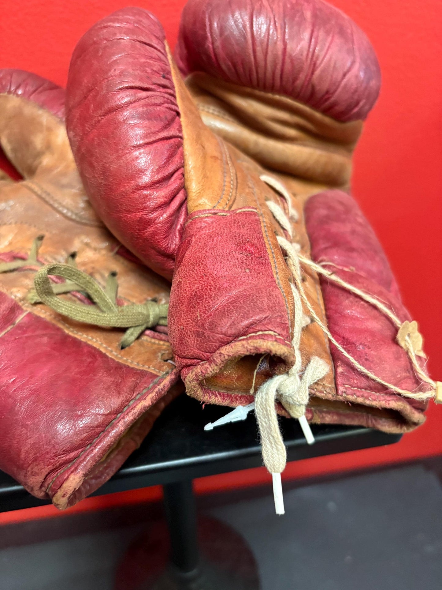 Amazing pair of 9 inch long antique leather boxing gloves  great condition for age  see photos  perfect gift