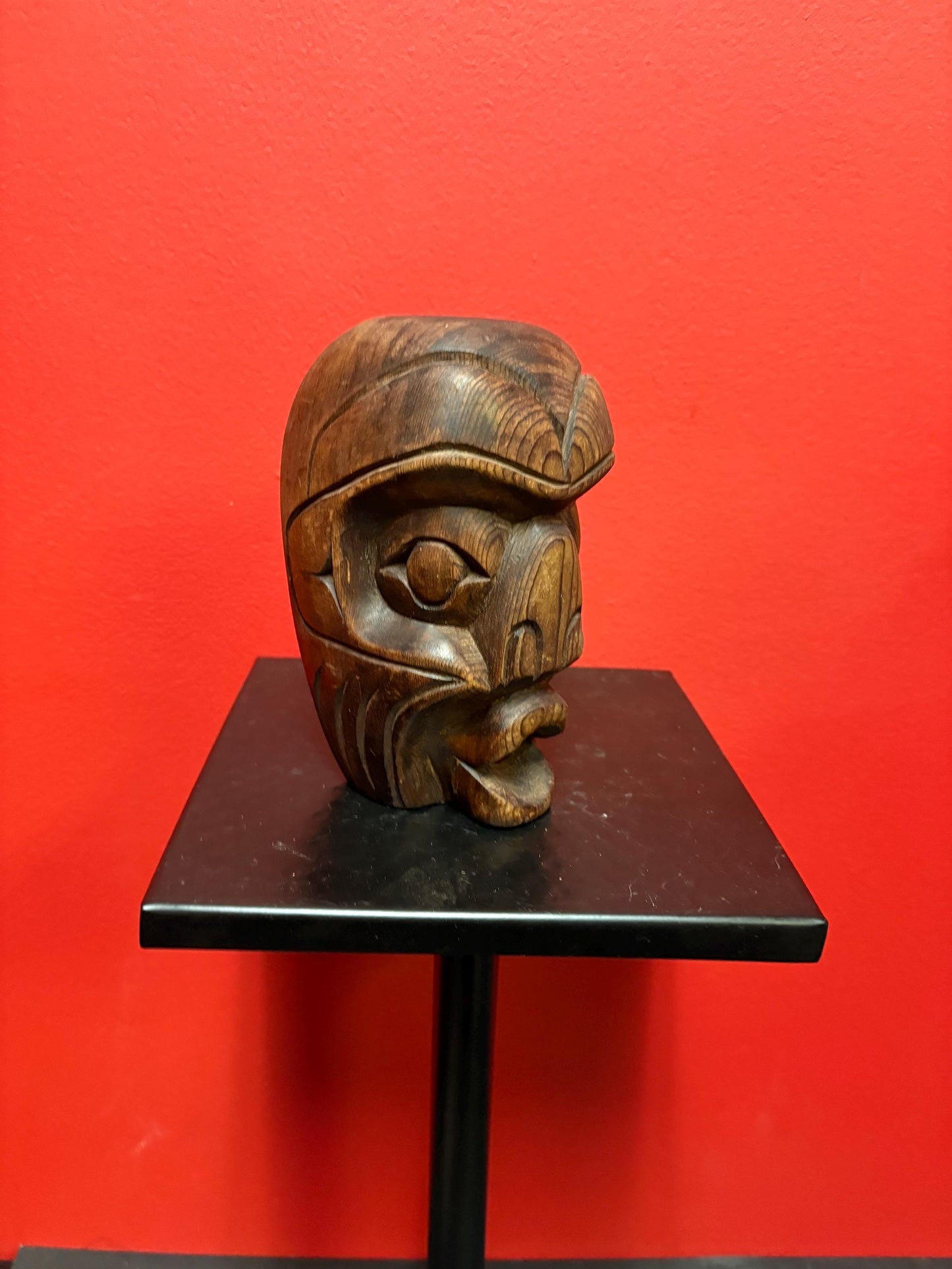 Beautiful indigenous first nations Pacific Northwest coast 6 inch tall and signed vintage cedar mask - great detail