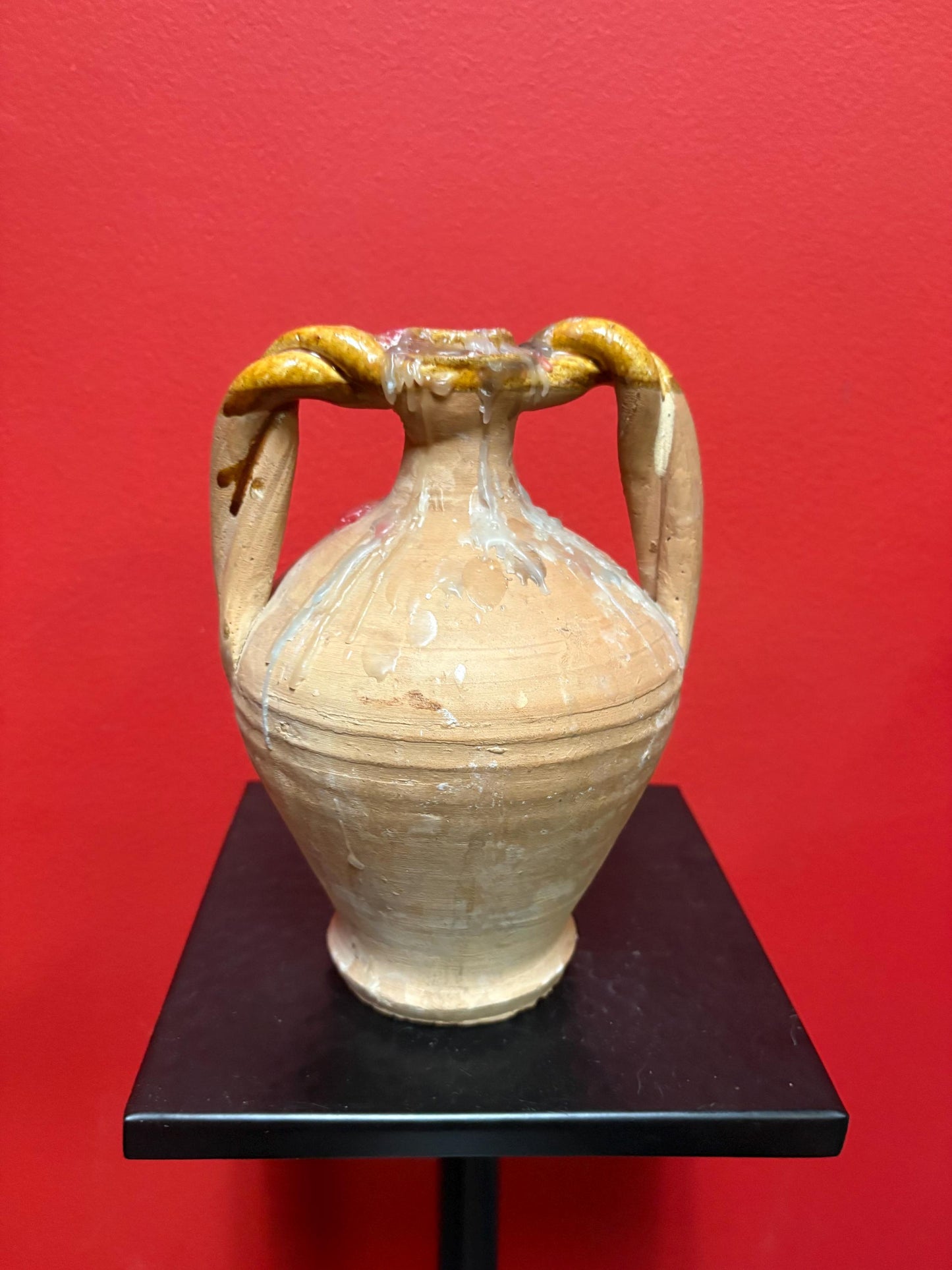 Beautiful 19 century 8 inch tall French terra-cotta vase with age old candle wax amazing decoration  great value