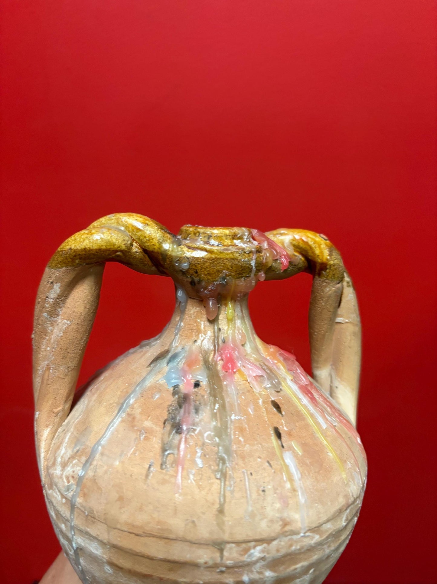 Beautiful 19 century 8 inch tall French terra-cotta vase with age old candle wax amazing decoration  great value