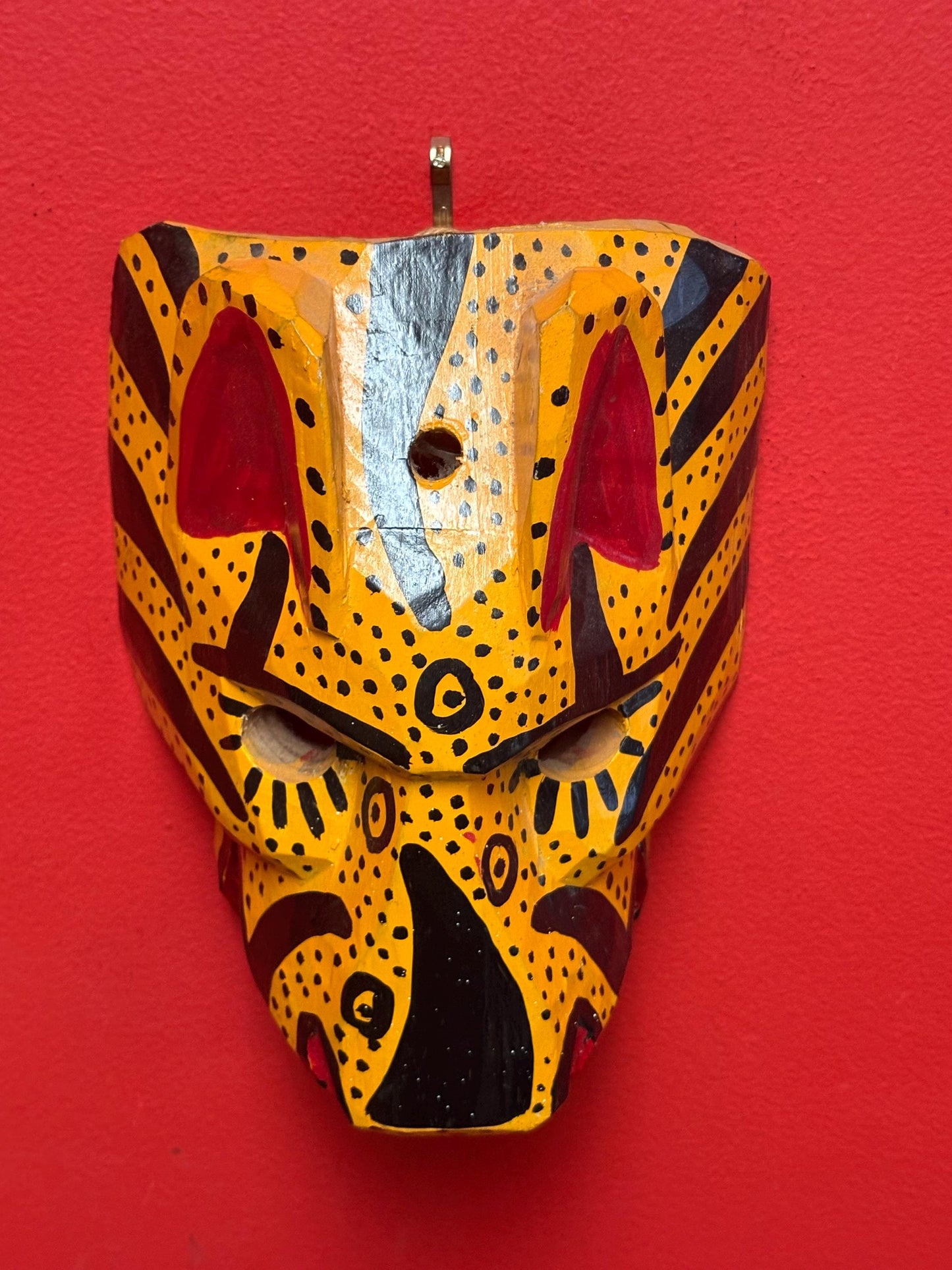 Beautiful central American painted vintage mask - 9 x 7“ wide  cheetah style imagery  looks great on wall