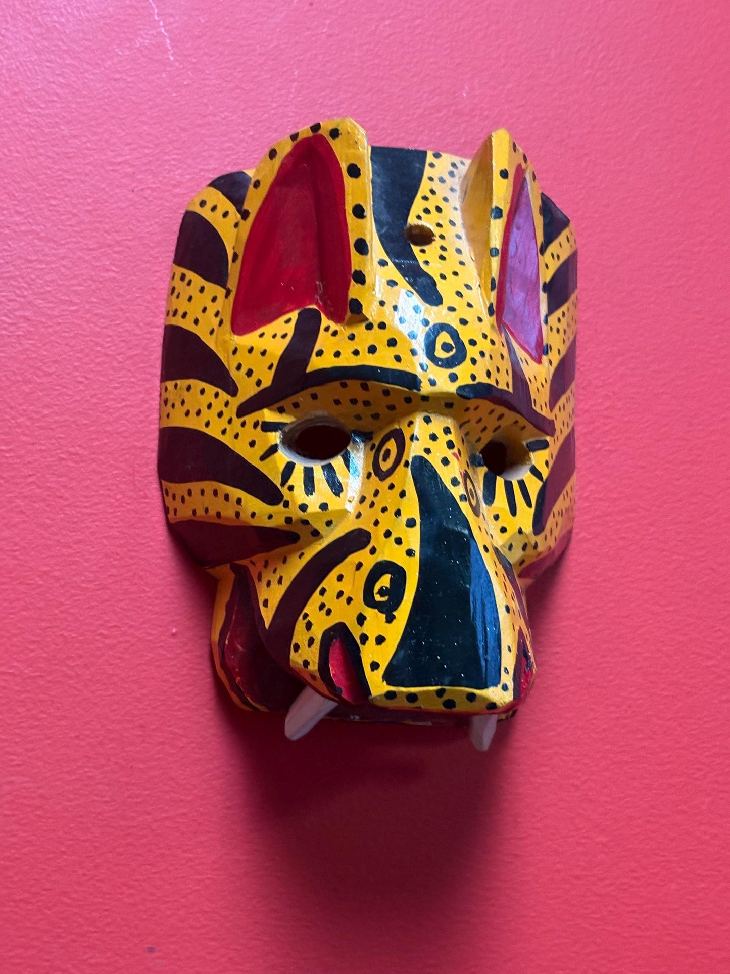 Beautiful central American painted vintage mask - 9 x 7“ wide  cheetah style imagery  looks great on wall