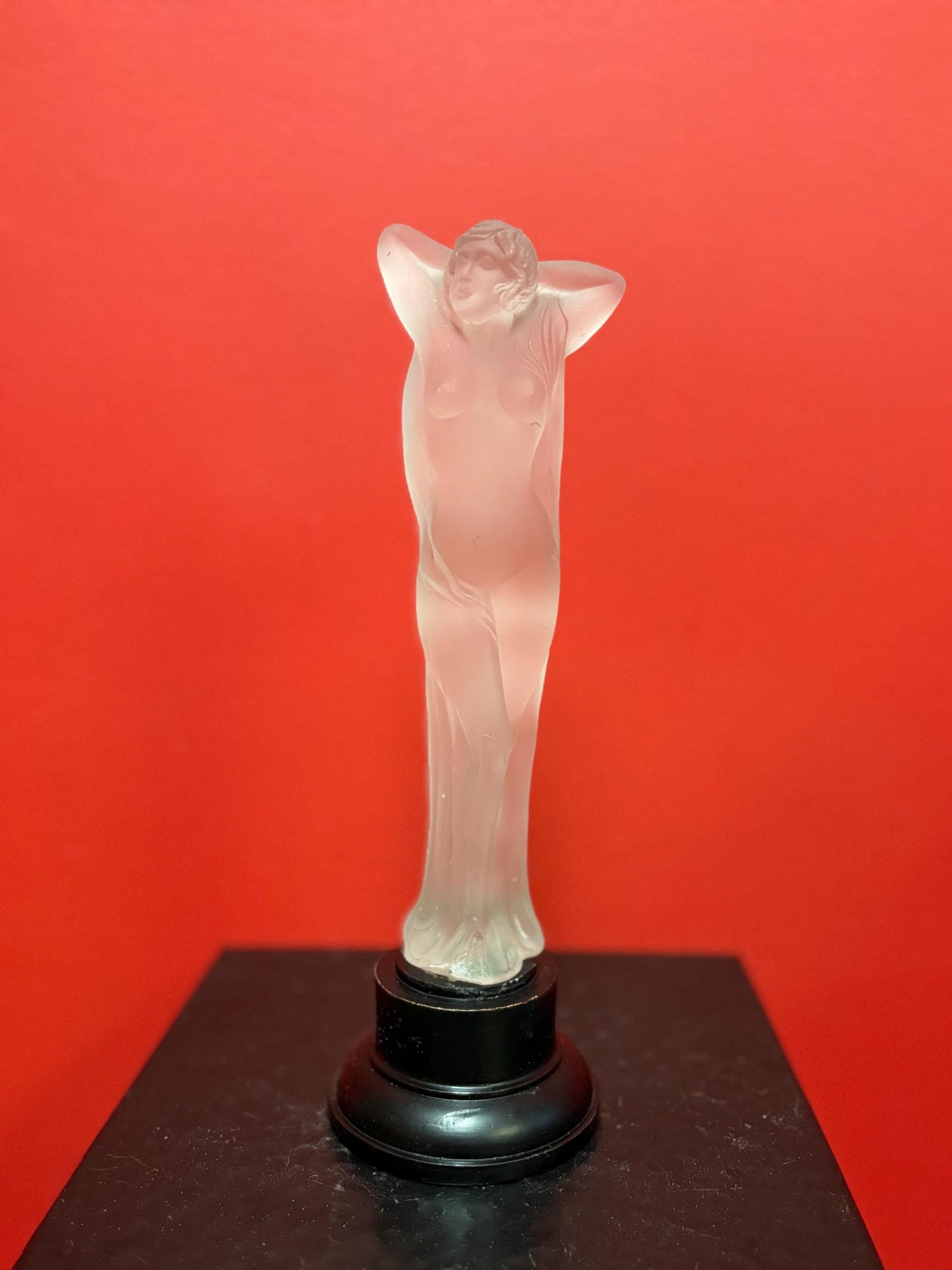 Amazing 10 inch tall antique European  frosted art glass nude on wooden stand  amazing detail  great value and great gift  wow