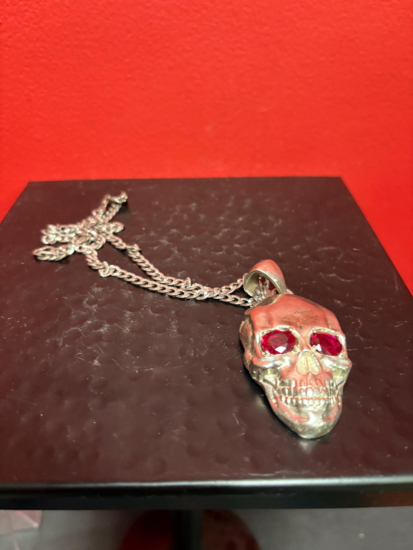 Super amazing heavy stamped 925 Sterling silver 3 inch skull pendant with Ruby style eyes and approximately 23 inch long sterling necklace -