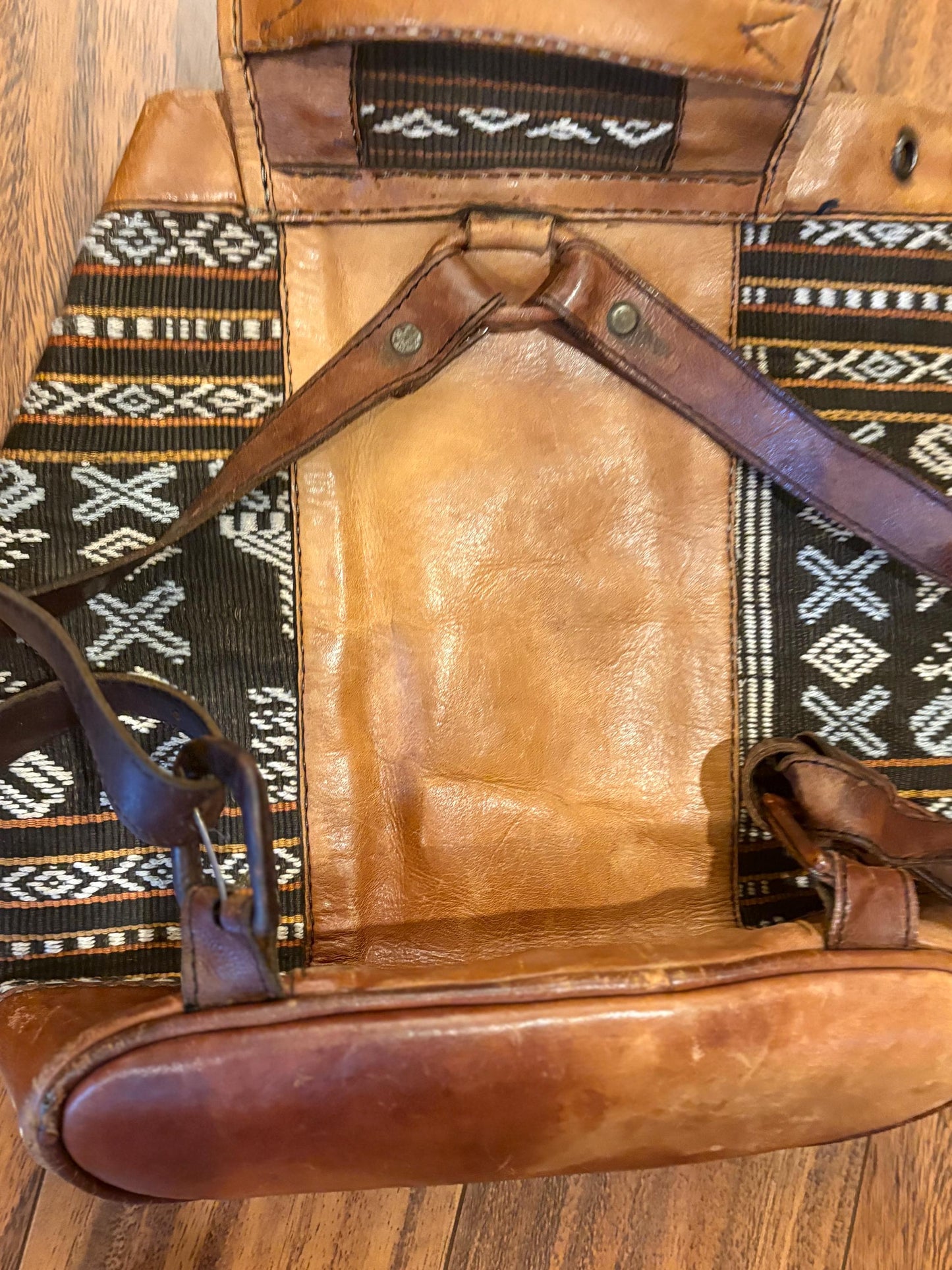 amazing  1970s South American leather and fabric BoHo backpack— approximately 14 x 12“ wide in amazing condition — ready to use— beauty-