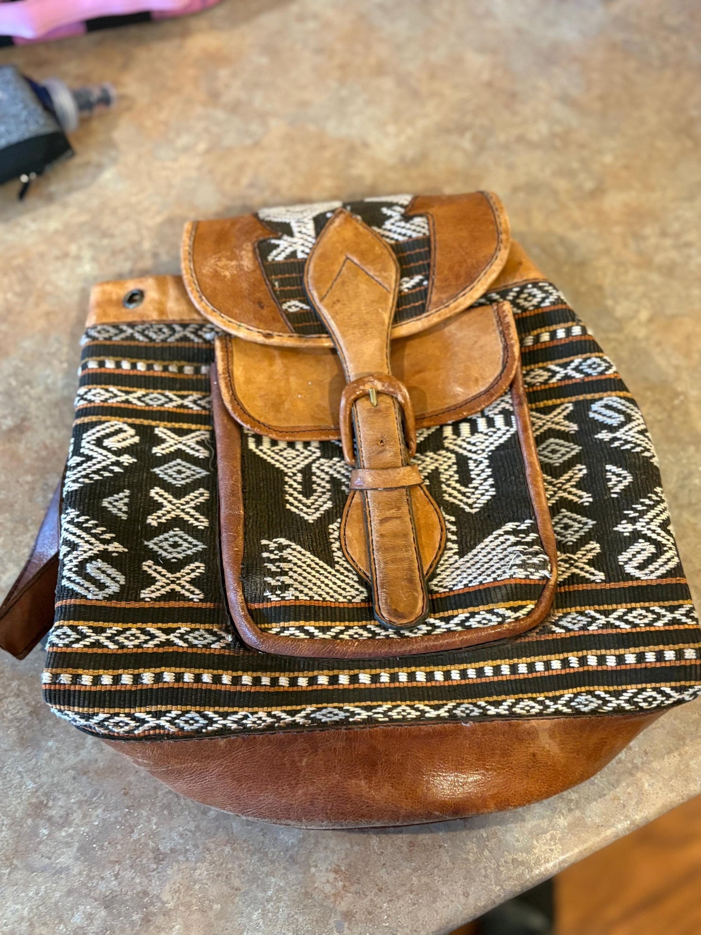 amazing  1970s South American leather and fabric BoHo backpack— approximately 14 x 12“ wide in amazing condition — ready to use— beauty-