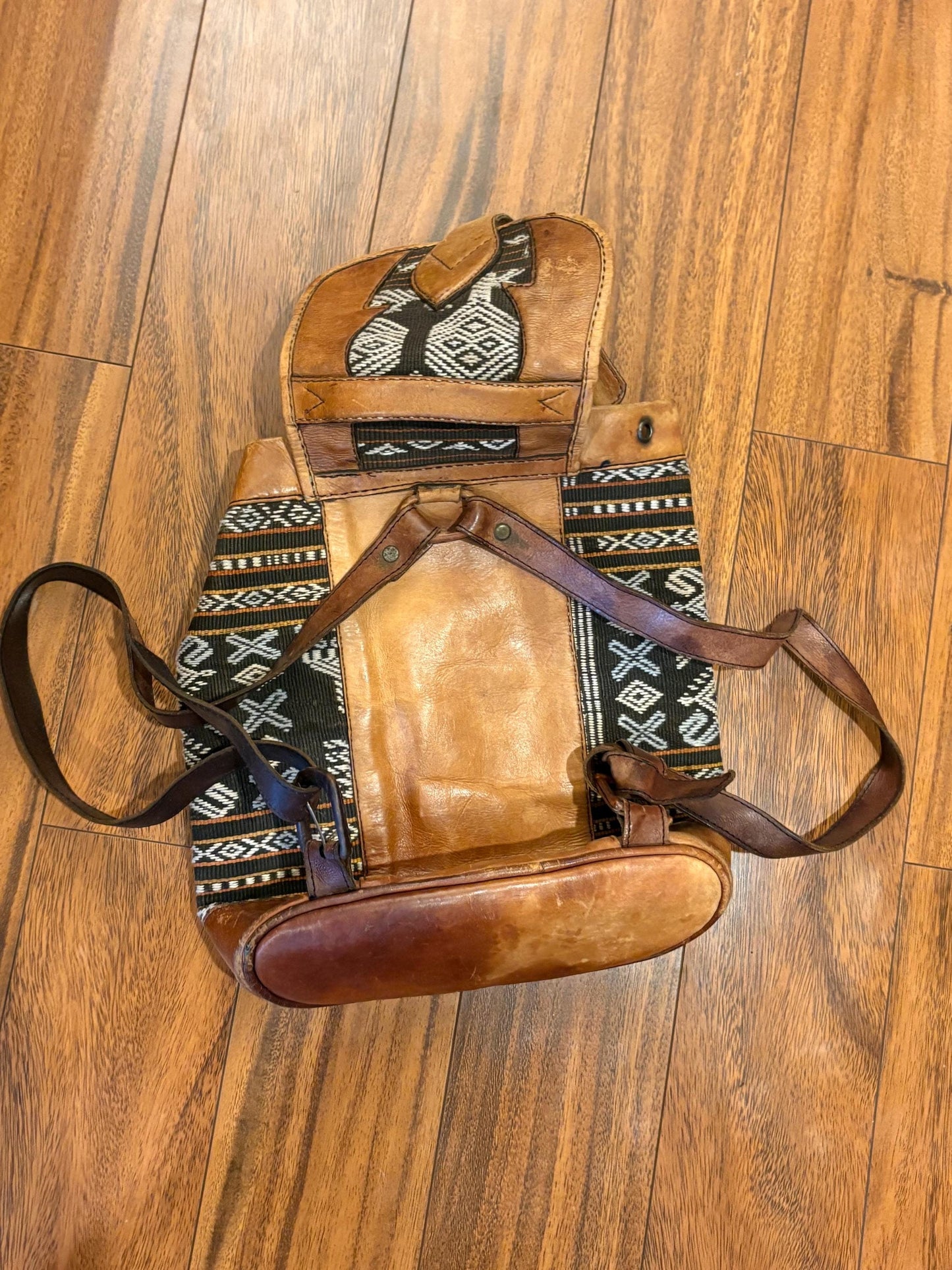 amazing  1970s South American leather and fabric BoHo backpack— approximately 14 x 12“ wide in amazing condition — ready to use— beauty-
