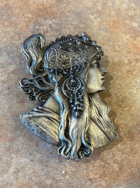 Vintage Art Nouveau Gypsy Woman Alphonse Mucha metal  Belt Buckle - 5 inch - 1970’s