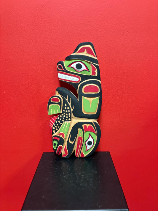 Beautiful indigenous first nations Pacific Northwest Coast 12 x 6 wide bear salmon plaque by Brian SCOW  needs a hanger  good value