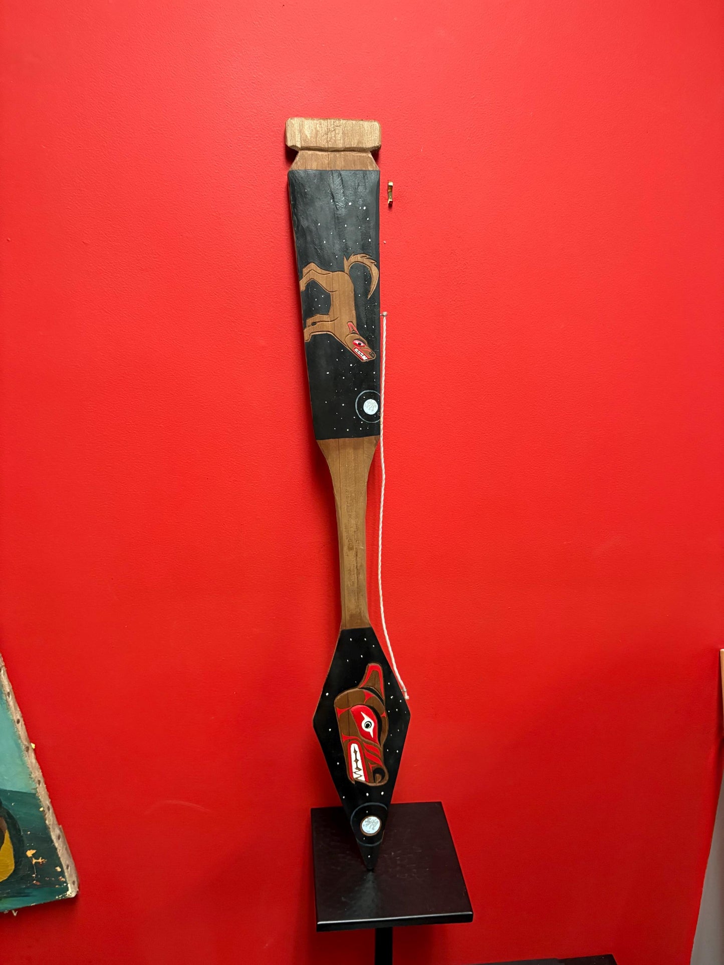 Fabulous indigenous first nations Pacific West Coast signed Wolf Thunderbird paddle  36 x 6 wide  Unusual and cool  wow
