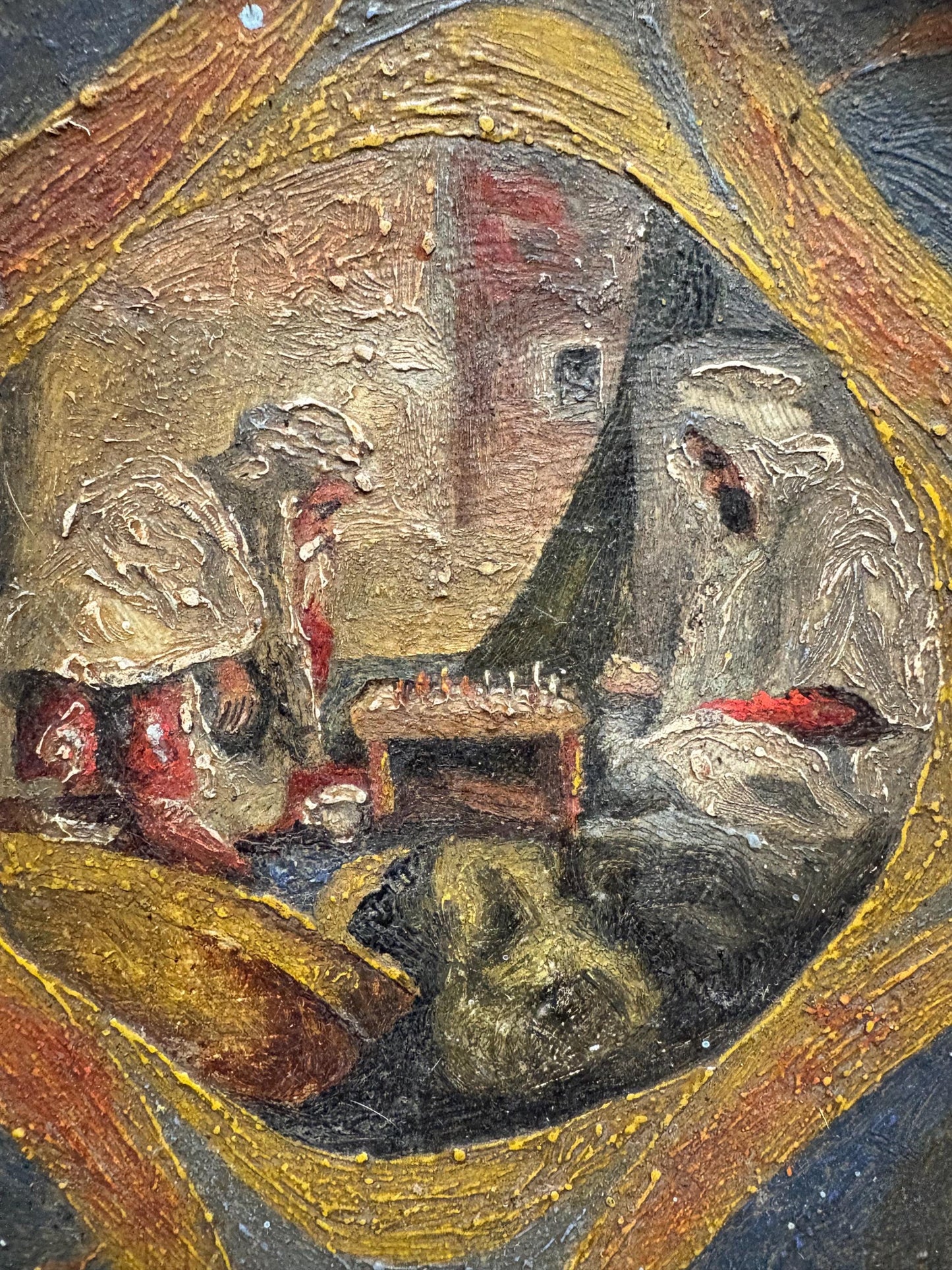 Stunning approx 18 century 10 inch Arabic pottery plate with hand painted scene chess players  good condition