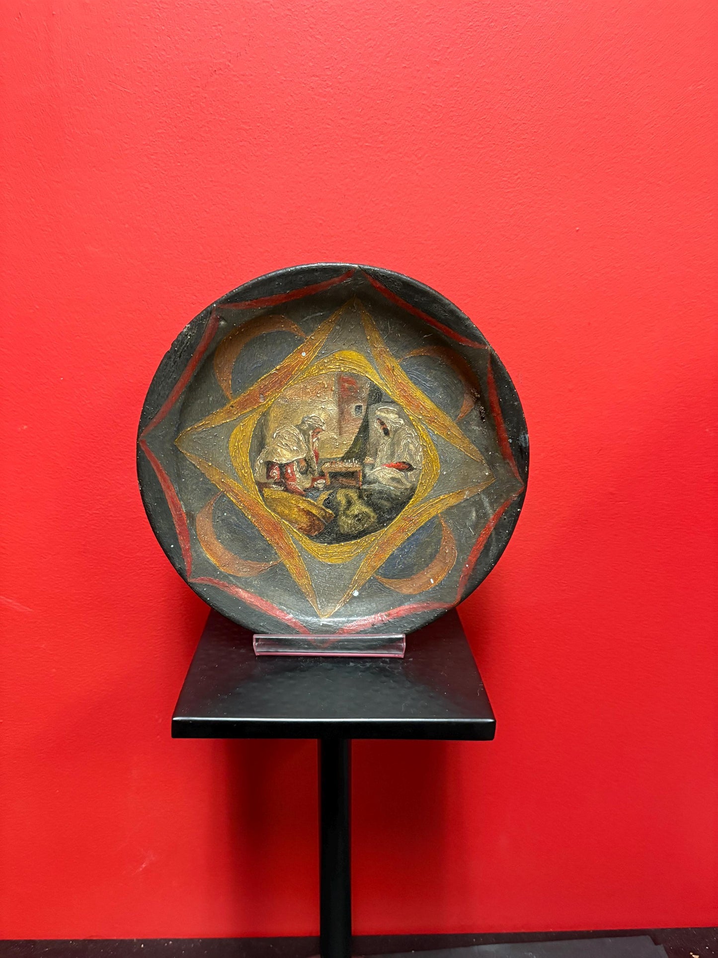 Stunning approx 18 century 10 inch Arabic pottery plate with hand painted scene chess players  good condition
