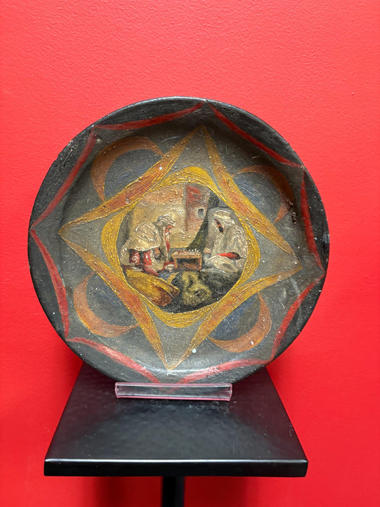 Stunning approx 18 century 10 inch Arabic pottery plate with hand painted scene chess players  good condition