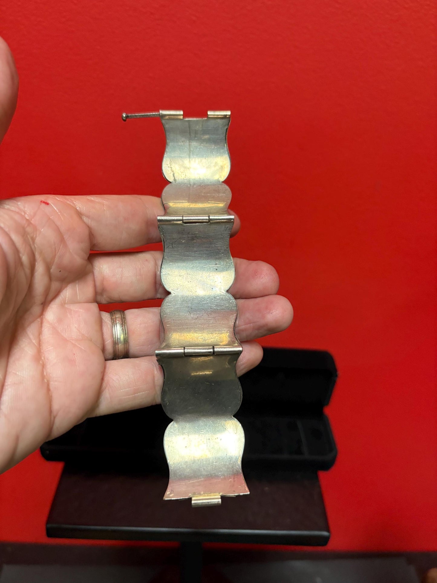 beautiful antique untested silver panel bracelet with green Onyx cartouches  6 inches long and perfect gift  wow