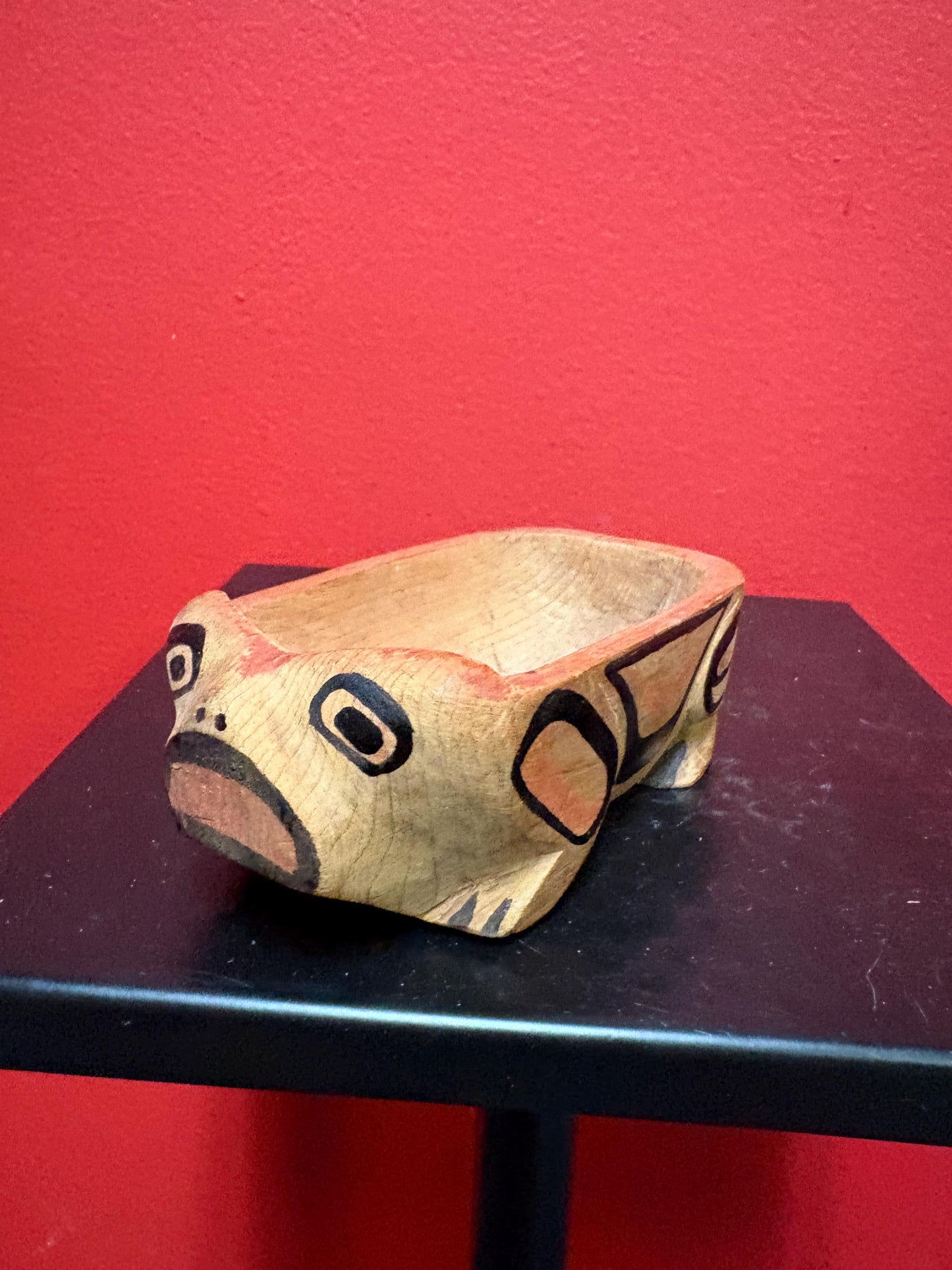 Beautiful antique indigenous first nation specific West Coast KAW - WAH painted cedar tiny feast bowl  5 x 2 1/2 wide hedgehog?