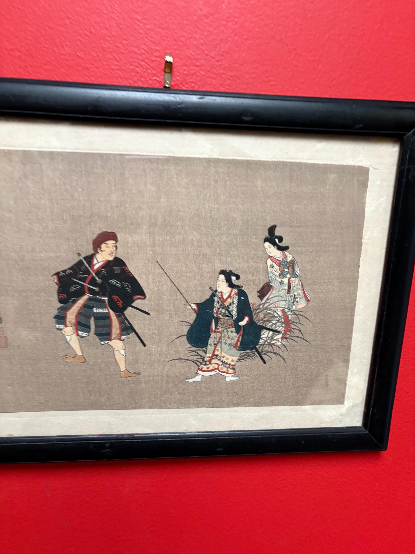 Stunning 19 century signed Japanese painting on linen in lovely frame - 15 x 11 wide  wonderful imagery