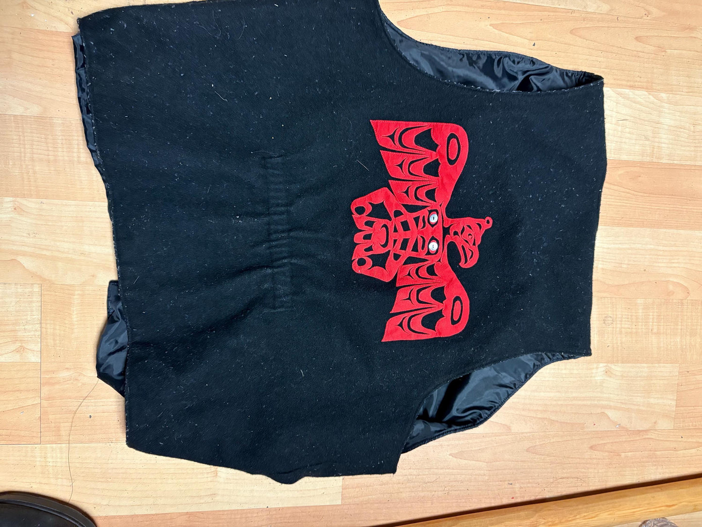 Stunning Canadian authentic indigenous native Haida vest approximately 26 x 24 wide with abalone  needs gentle cleaning  great value