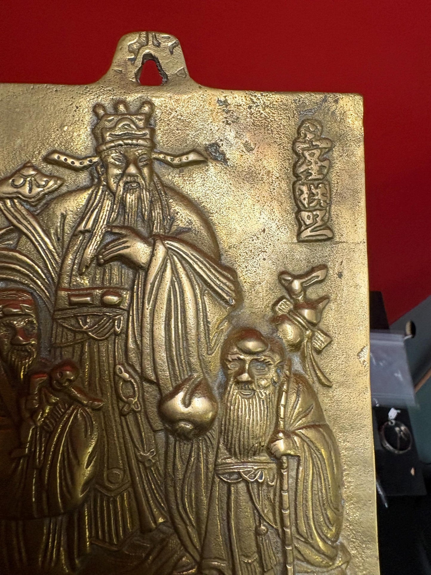 Stunning heavy Chinese signed brass wall plaque of Confucius - 8 x 6 wide  great quality and detail
