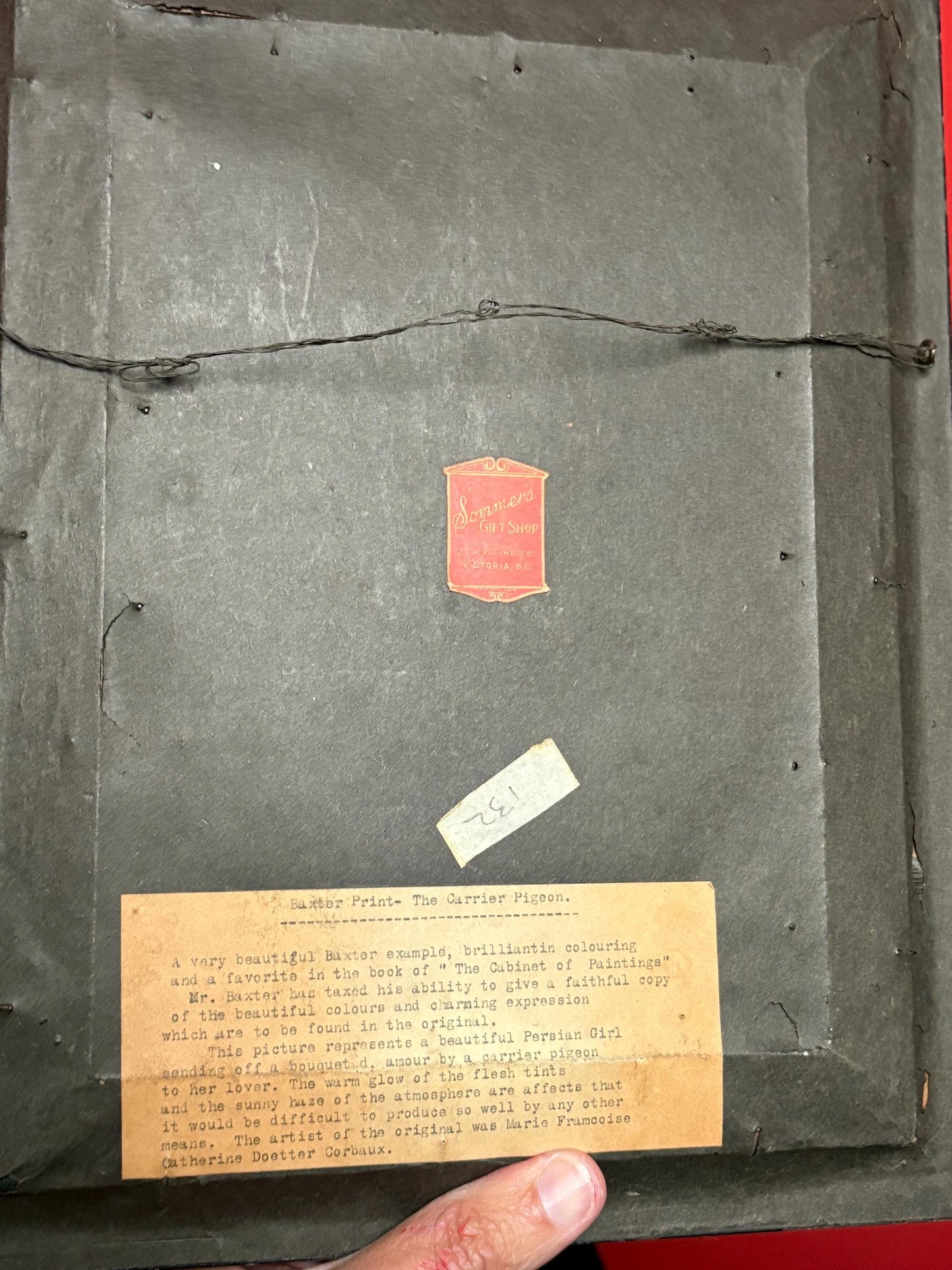 Amazing 19 century 14 x 10 baxter print in beautiful frame with information on back  the pigeon carrier  great condition and amazing valu