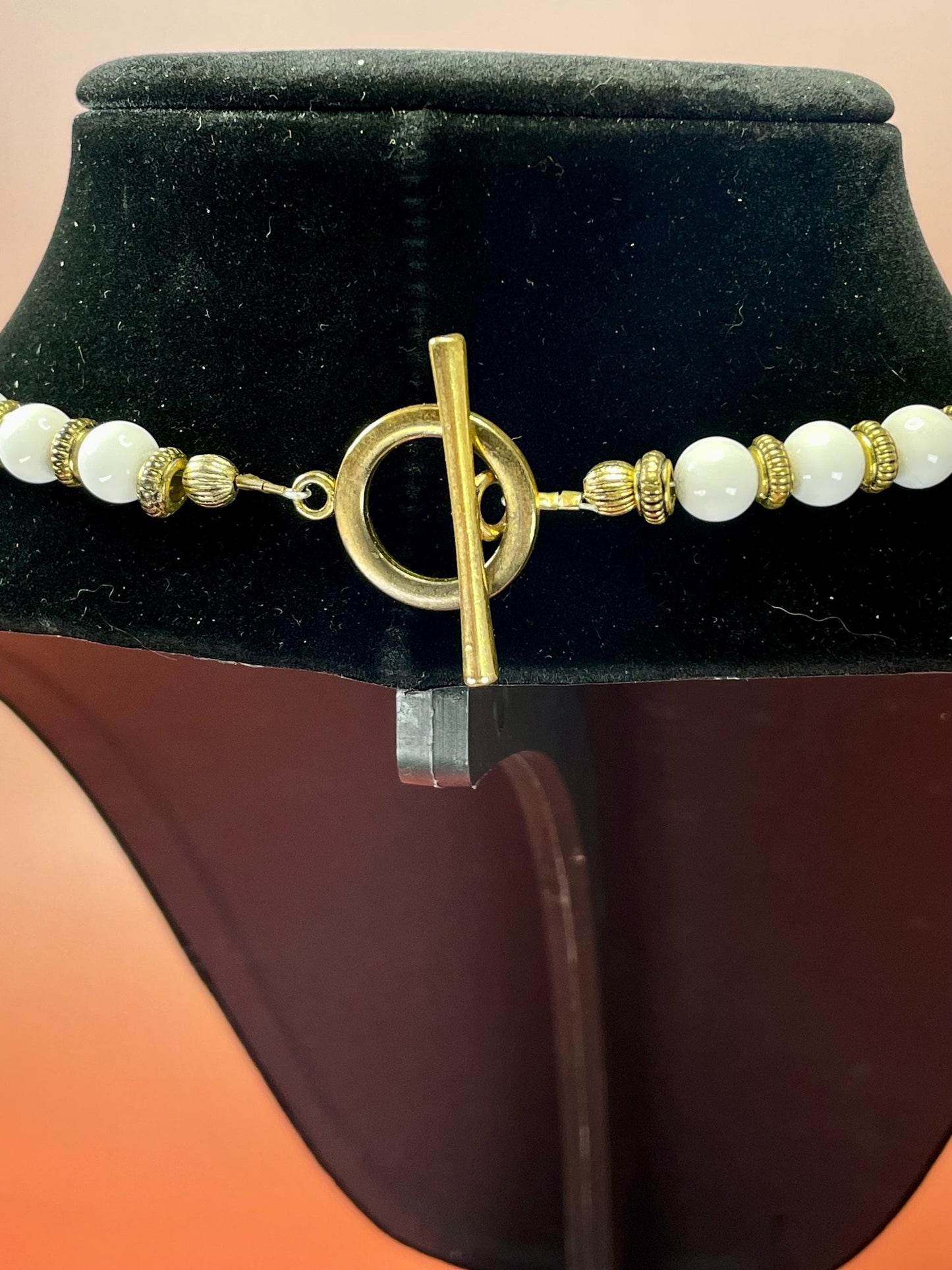 Vintage 24 inch White Glass and Wood Bead Necklace with Gold Accents
