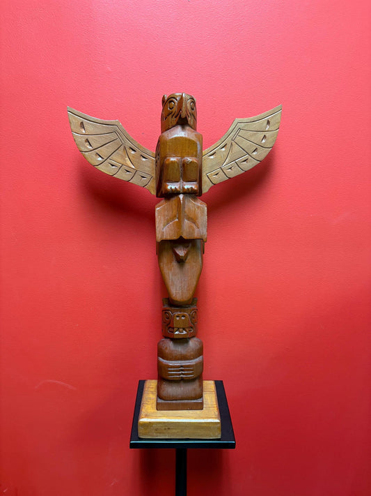 Stunning signed 23 x 13 wide indigenous first nations Pacific Northwest coast transformation totem pole with wings  incredible detail