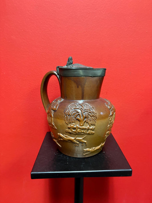 Beautiful English antique Royal Doulton style jug with pewter top  great condition  8 inches tall- pewter top little loose  hunting scene