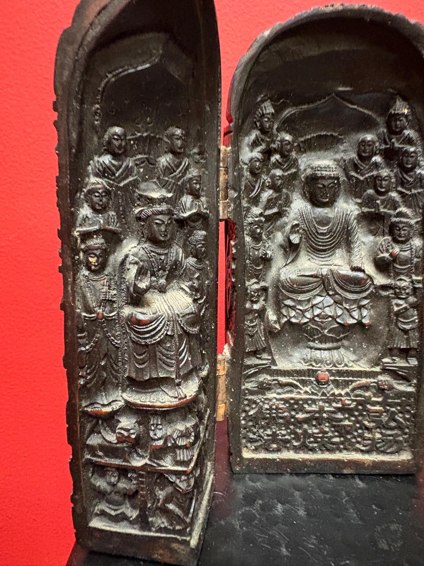 Stunning 9 x 7 high heavily carved intricate Buddhist temple statue screen  unbelievable detail  wow