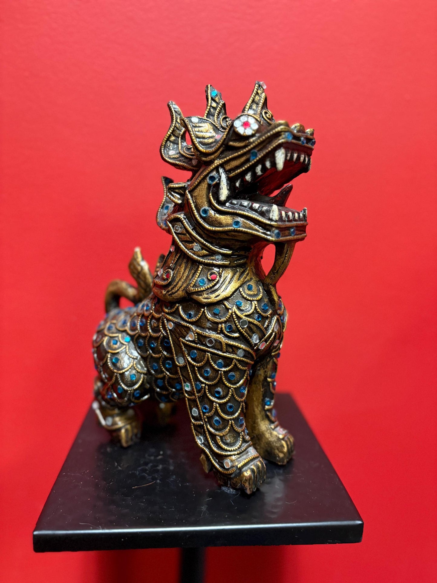 Fabulous Asian wood and gilded 10 inch tall dragon statue flashy  piece  great imagery