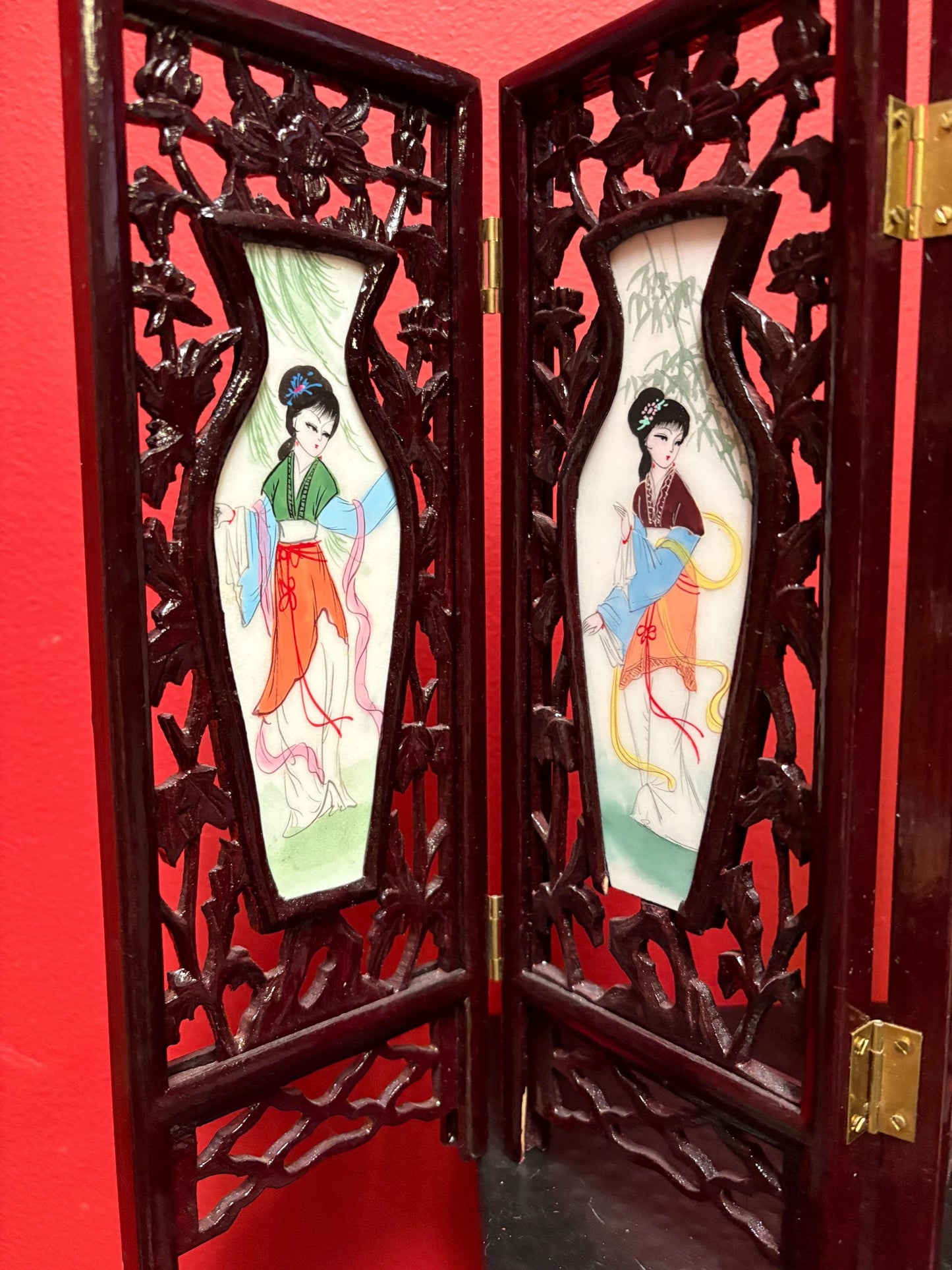 Stunning Chinese 17 x 12 high four seasons panel screen  wooden and  porcelain double-sided  fabulous gift good value