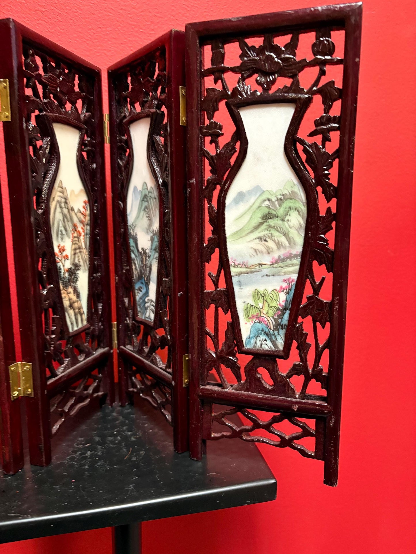 Stunning Chinese 17 x 12 high four seasons panel screen  wooden and  porcelain double-sided  fabulous gift good value