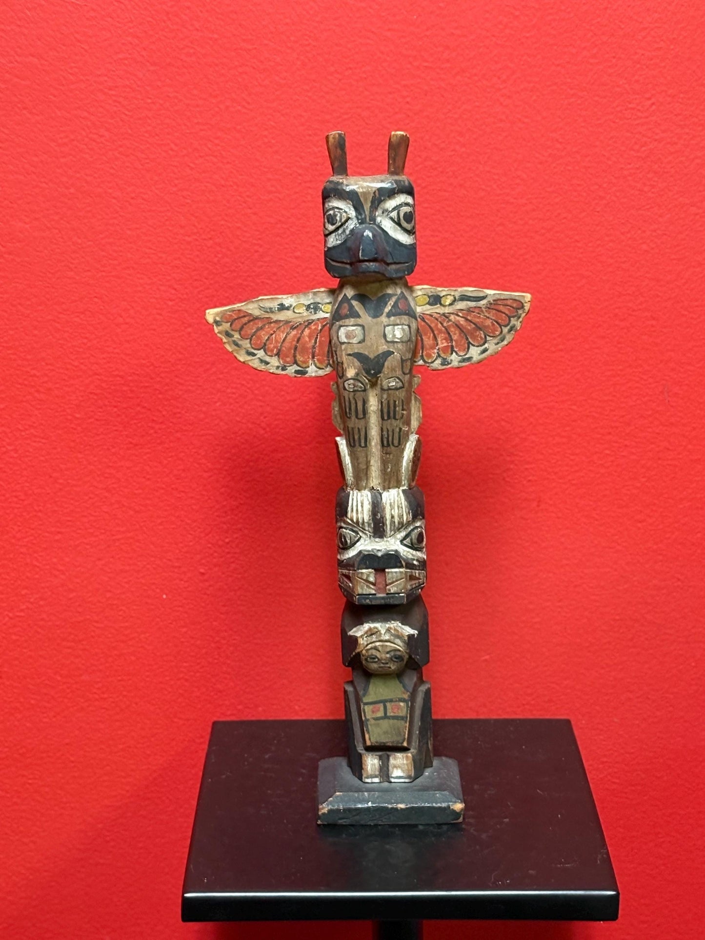 Stunning antique polychrome indigenous first nation pacific north West Coast 12 1/2 x 6 wide totem pole  wonderful condition wow piece -