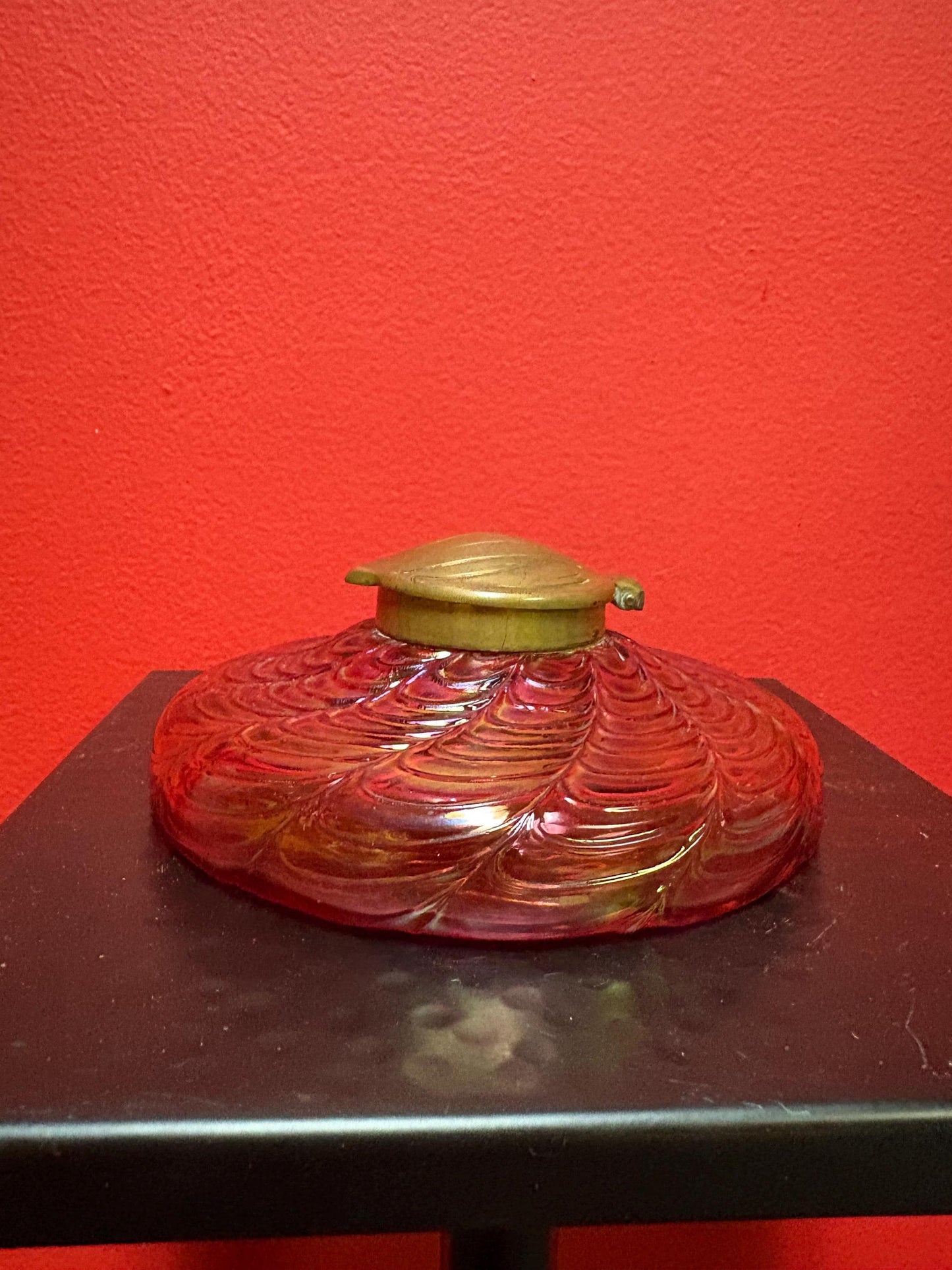 Magnificent Kralik Loetz authentic art nouveau inkwell with bronze top fabulous colour and condition  wow   5 x 2 1/2 high