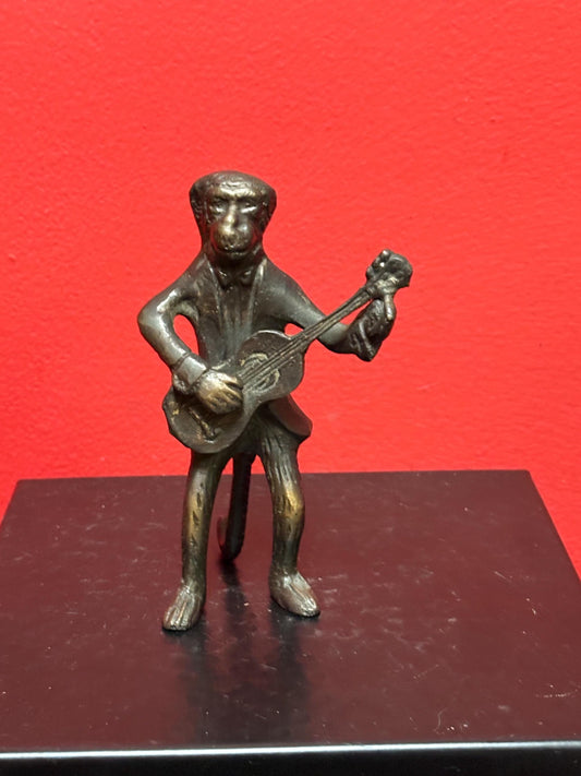 Beautiful antique bronze monkey playing the guitar  great Patina  and 5 inches tall  amazing gift  monkey business