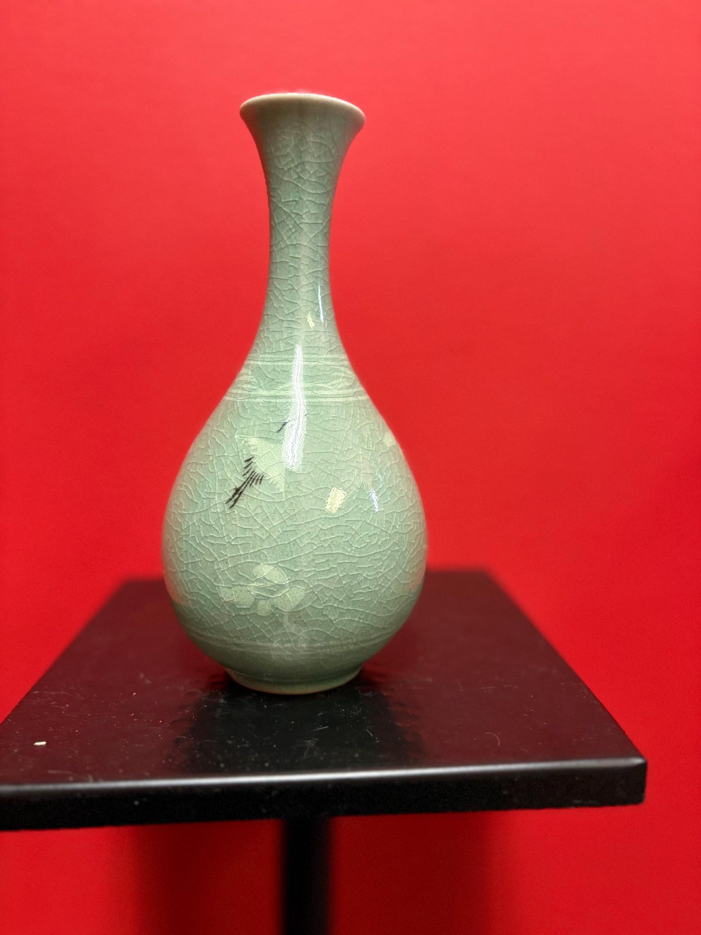 Stunning antique Chinese signed celadon stork and cloud vase in mint condition- 8 inches high  wow