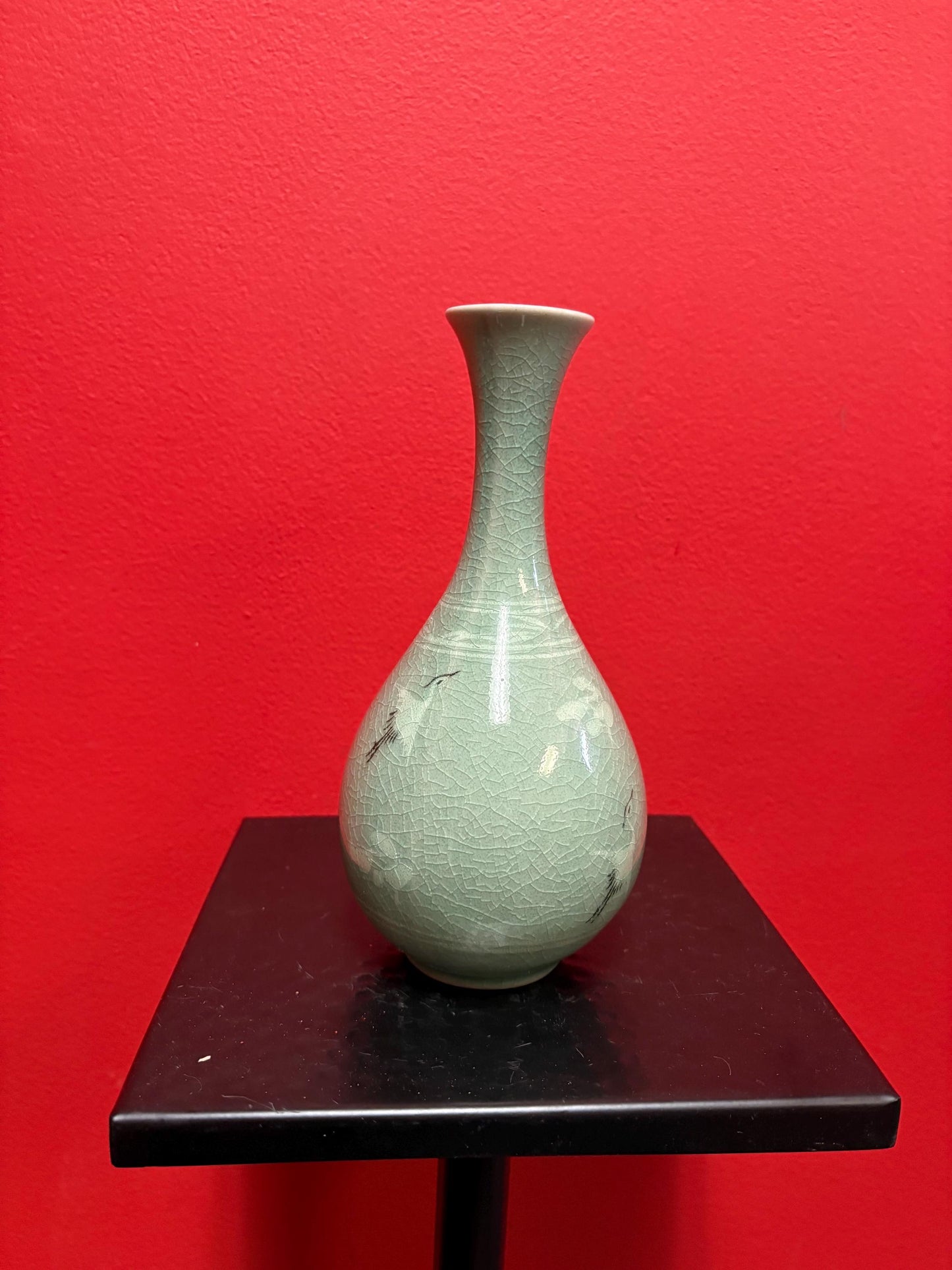 Stunning antique Chinese signed celadon stork and cloud vase in mint condition- 8 inches high  wow