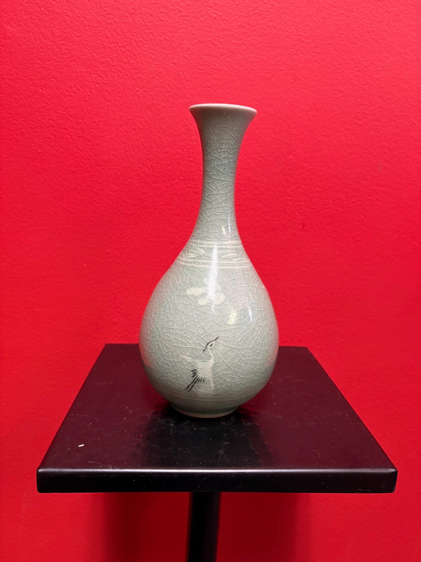 Stunning antique Chinese signed celadon stork and cloud vase in mint condition- 8 inches high  wow