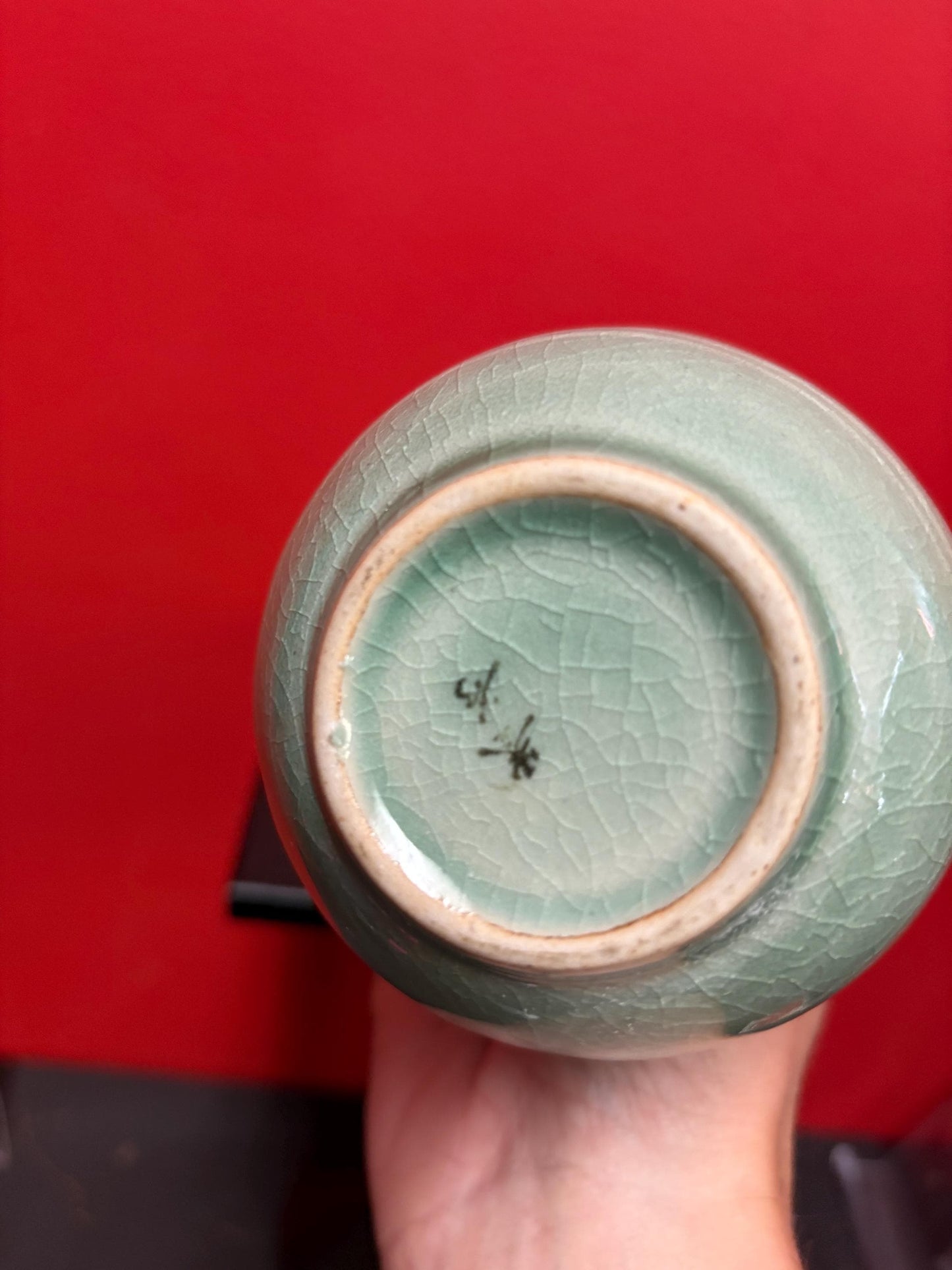 Stunning antique Chinese signed celadon stork and cloud vase in mint condition- 8 inches high  wow