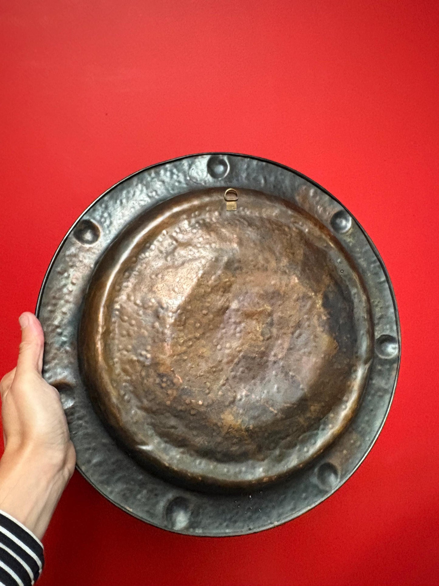 Beautiful antique English Lombard London arts and crafts massive copper charger with amazing patina  16 1/2 inches!